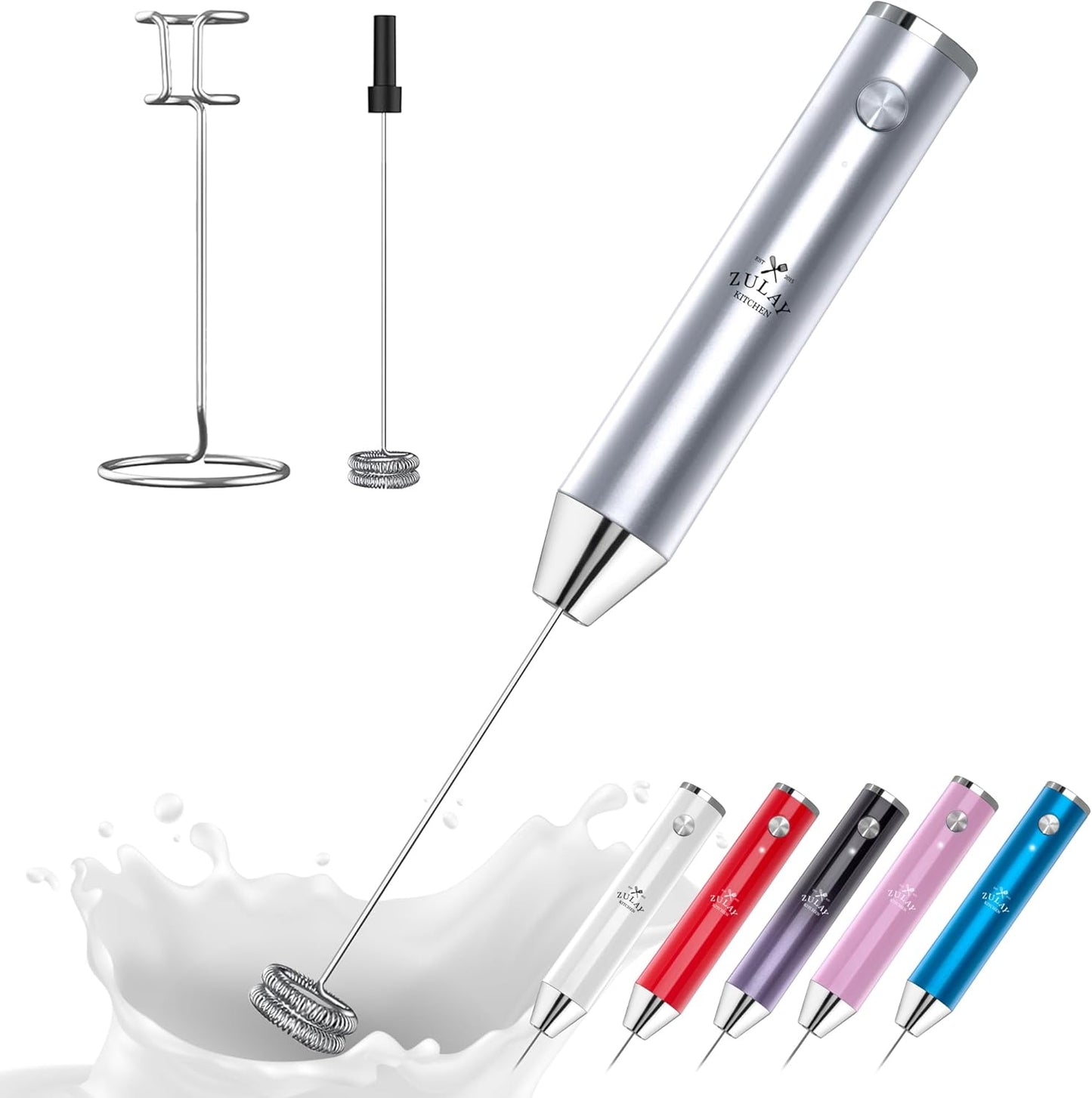 Zulay Kitchen Lux Rechargeable Milk Frother Handheld - Powerful 2-Speed Motor, Fully Waterproof, 2000mAh Battery - Drink Mixer For Latte, Cappuccino, Matcha, Protein Powder - Silver