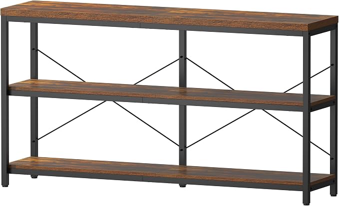 3-Tier Industrial Bookshelf, Wide Wood Horizontal Bookcase, Open Large Book - Image 8