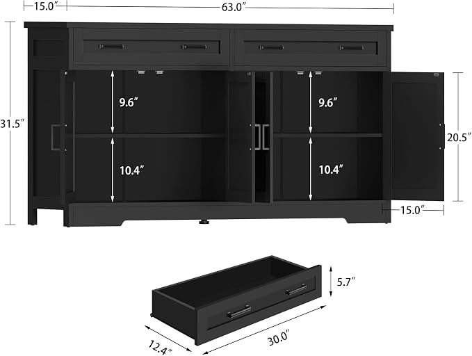 usikey 63" Buffet Cabinet with Storage, Large Sideboard Buffet Cabinet with 2 - Image 3
