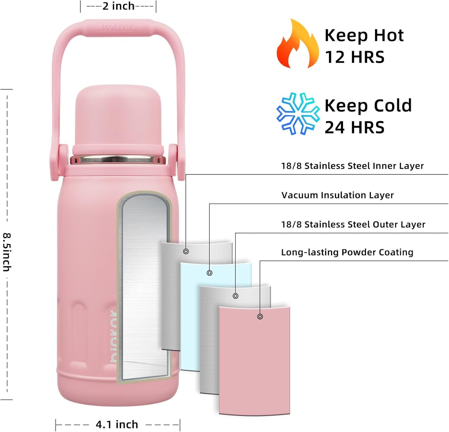 BJPKPK Insulated Water Bottle 27oz Stainless Steel Water Bottles with Handle and Cup Lid Travel Metal Thermos,Light Pink