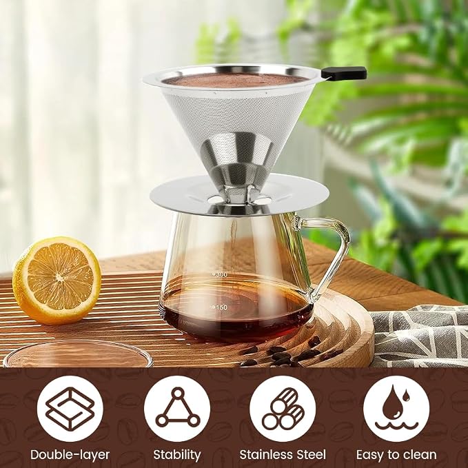 Pour Over Coffee Dripper with Cleaning Brush, Stainless Steel Cone Coffee - Image 7
