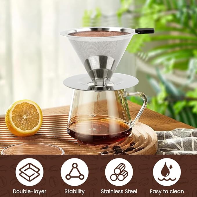 Pour Over Coffee Dripper With Cleaning Brush, Upgraded Double Micro Mesh Filter - Image 6