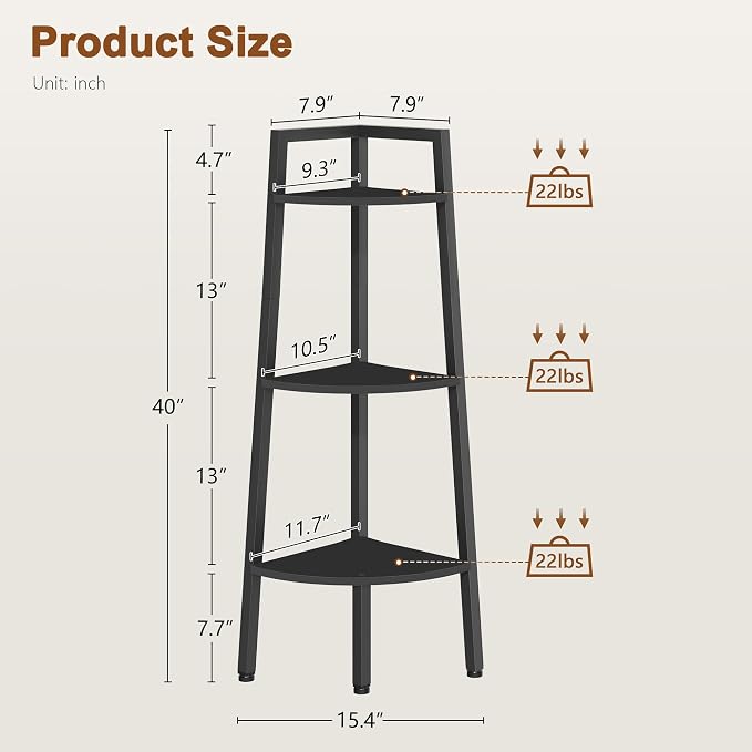 Hoctieon Corner Shelf, 3-Tier 40" Tall Corner Bookshelf, Rustic Ladder Shelf - Image 2