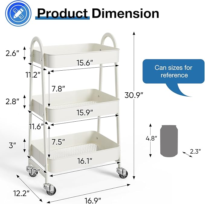 OLIXIS Metal 3 Tiers Utility Rolling Cart, Mobile Storage Shelf - Image 7