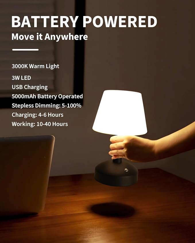 KDG Modern Cordless Small Table Lamps, Portable LED Dimmable Desk Lamp - Image 4