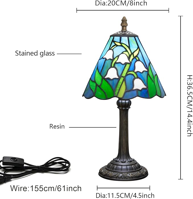 Tiffany Lamp Stained Glass Table Lamp Lily of The Valley 8X8X14 Inches Living - Image 7