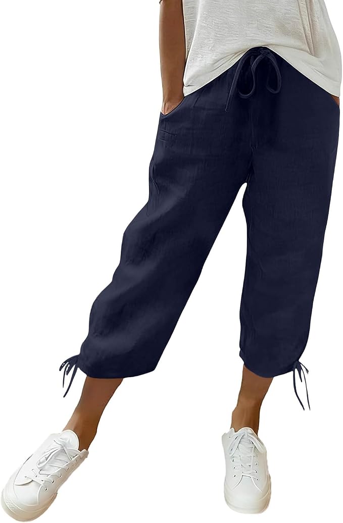 Linen Capri Pants for Women Drawstring Elastic Wide Leg Trouser 2026 Summer by Unknown