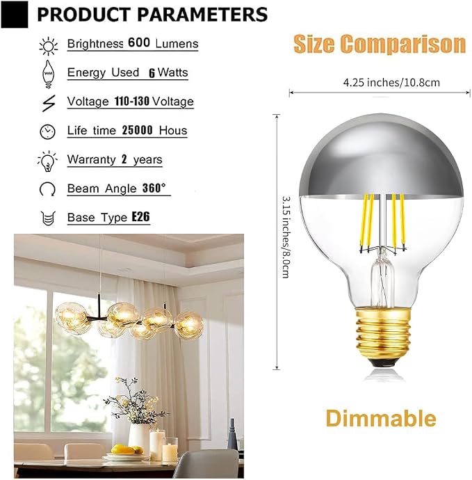 XININSUN Dimmable Half Chrome Light Bulb, Anti Glare LED Light Bulbs, G25 Globe - Image 2
