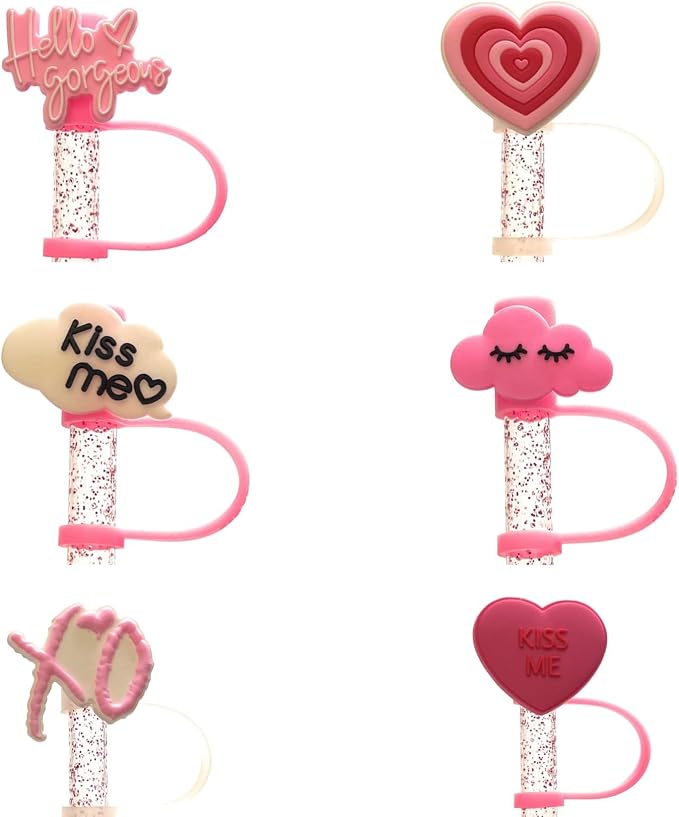 6 Pack 8mm Valentine's Straw Toppers, Silicone Straw Tip Covers by ThirstTrapDrinkware