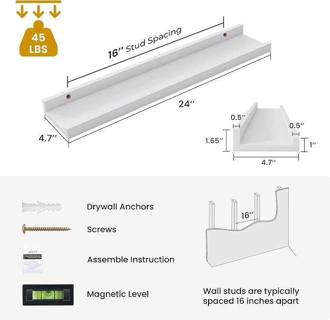 Acovy Solid Ash Wood Picture Ledge Shelf, 24 Inch Floating Shelves - Image 3