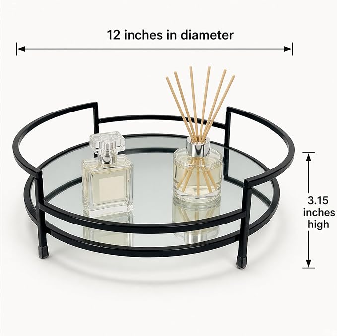 Round Black 12" Mirror Decor Tray, Metal Mirror Serving Tray, Glass Vanity & - Image 3