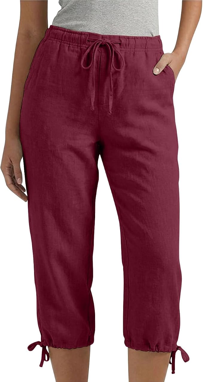 Linen Capri Pants for Women Drawstring Elastic Wide Leg Trouser 2026 Summer - Image 4