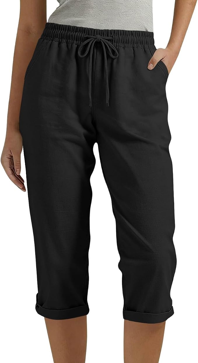Drawstring Capri Linen Pants Women Elastic Waist Straight Leg Pant Summer Beach by Unknown