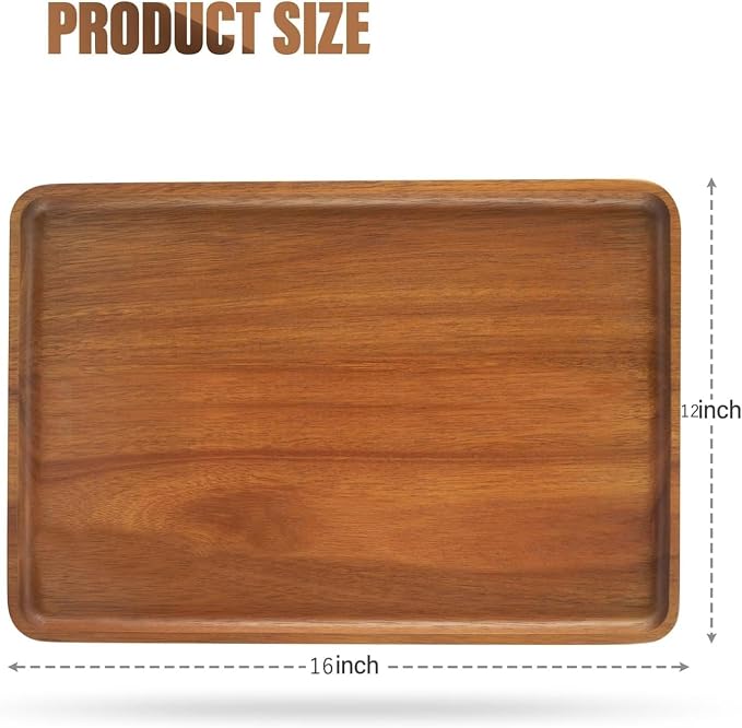 16" x12" Large Solid Acacia Wood Serving Tray Rectangular Wooden Serving - Image 2