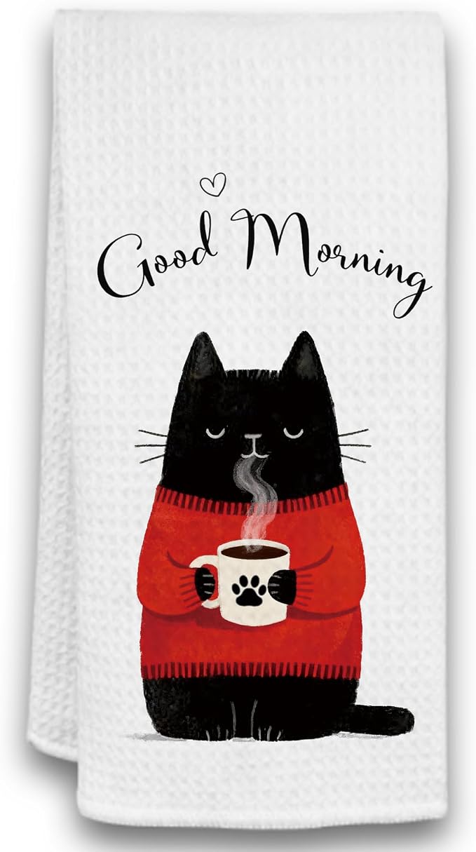Cute Coffee Black Cat Hand Towel, Funny Black Cat Kitchen Towel by Unknown
