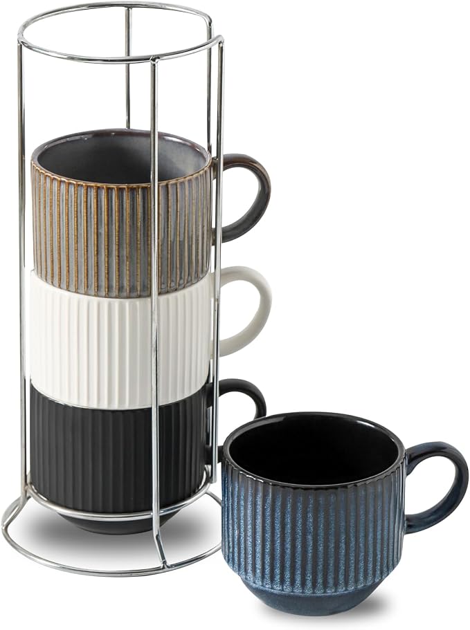 Ceramic Coffee Mugs with Stand, 15 Ounce Stackable Coffee Cups Set of 4 by Tikooere