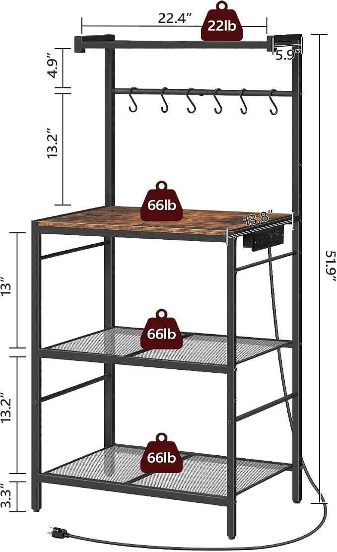 MAHANCRIS Bakers Rack with Power Outlet, Kitchen Storage Shelf with 6 Hooks - Image 3