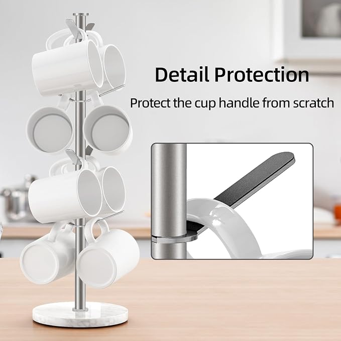 Gypie Marble Mug Holder Tree, 8 Hooks Brushed Nickel Coffee Cups Stand - Image 5
