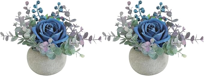 Small Artificial 2pcs Blue Rose Potted Plant, Mini Faux Floral Arrangement by RosscerArtificialFlowers