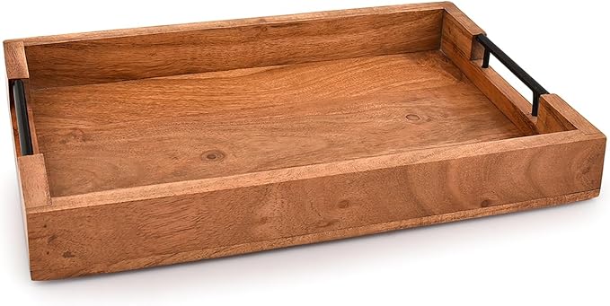 Tray with Metal Handles Acacia Wood Serving Tray Decorative Ottoman Coffee - Image 2