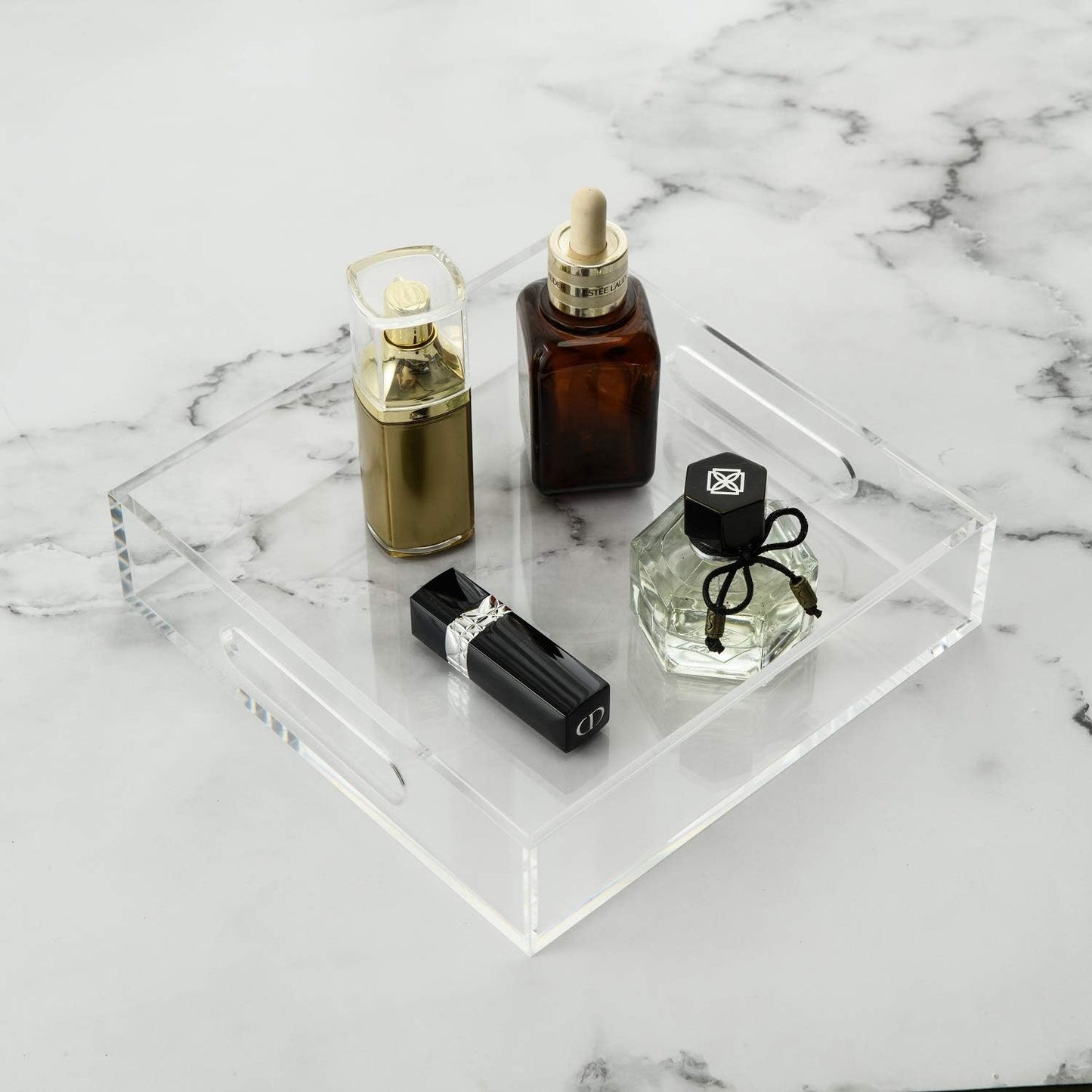 Clear Sturdy Acrylic Tray with Handles-8"x8"x2"H-Countertop Organizer Tray for Kitchen,Bathroom,Office- Storage Box for Cosmetics, Jewelry,Toiletries,Toy,Gadgets