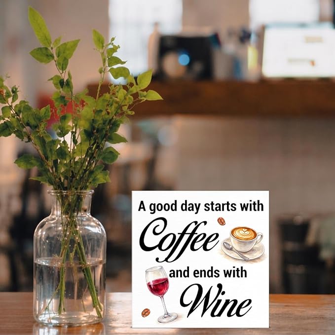 Coffee Dining Table Decor, Funny Coffee Bar Decor Wooden Sign, A Good Day Starts - Image 5