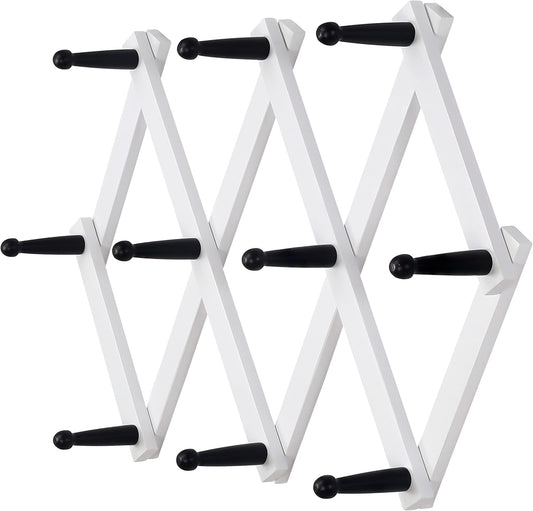 Dseap Accordian Wall Hanger: 16” High Wooden Wall Expandable Coat Rack, Hat Rack Holder, Accordion Hook for Baseball Caps, Coats, Mugs, 10 Peg Hooks, White & Black