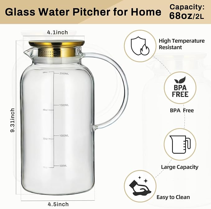 Buaic Glass Pitcher with Lid, 2 PACK 68 oz/2L Water Pitcher with Silicone Base - Image 2