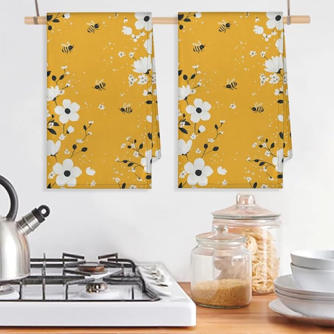 Daisy Flower Kitchen Towels Set of 2 Bee Yellow Dish Towels Bar Absorbent - Image 5