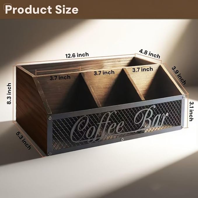 Coffee Station Organizer, Rustic Farmhouse Wood Condiment Storage Basket - Image 2