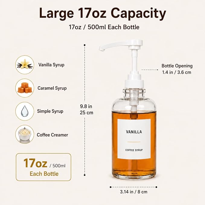 Coffee Syrup Dispenser for Coffee Bar, Glass Syrup Bottle - Image 5