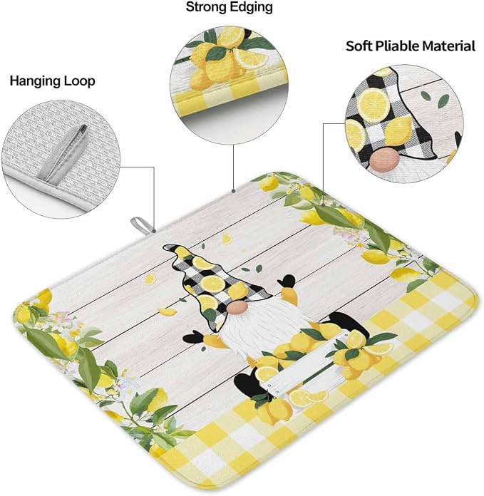 Lemon Dwarfs Dish Drying Mat 18x24 inch Gnome Green Leaf Wood Striped Black - Image 5