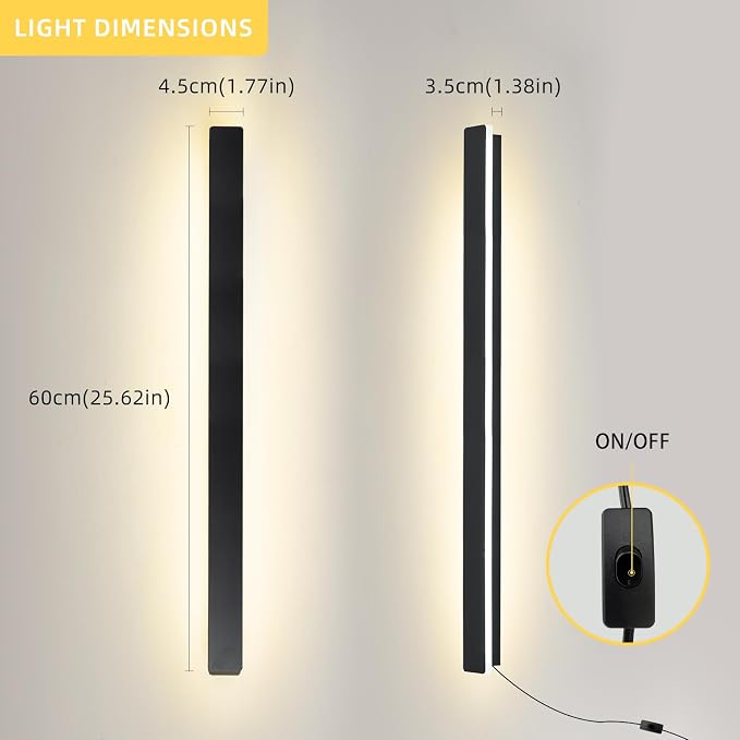 KELUOLY Modern Plug in Wall Sconces, 23.6 inch Frosted Black LED Long Wall - Image 3