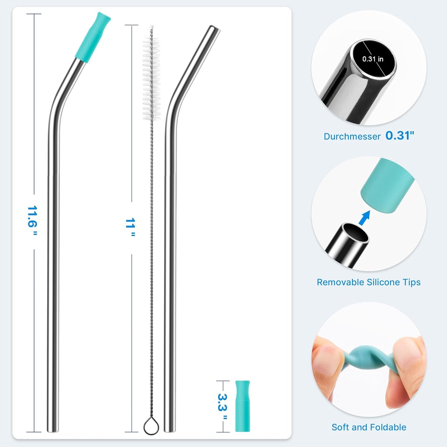 2 Pcs Stainless Steel Straw with Silicone Tips for 30 oz Stanley Tumbler, Repeatable 30 oz Metal Straws for Stanley Adventure Quencher Travel Tumbler Cup, BPA Free（Light Green）