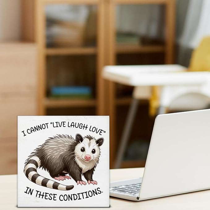 Sarcastic Office Desk Sign I Cannot Live Laugh Love Funny Possum Wood Block - Image 4