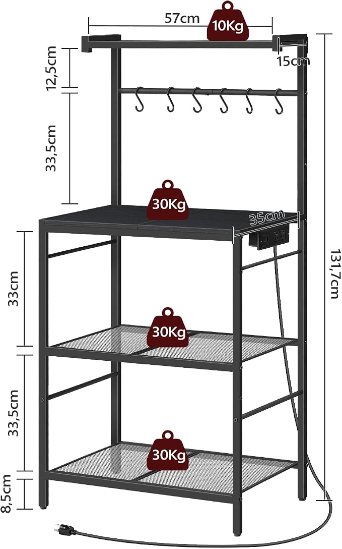 MAHANCRIS Bakers Rack with Power Outlet, Kitchen Storage Shelf with 6 Hooks - Image 3