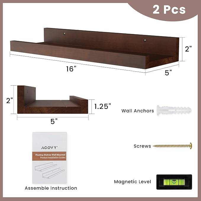 Acovy Floating Shelves for Wall, 16 inch Solid Wood Picture Ledge Shelf - Image 3