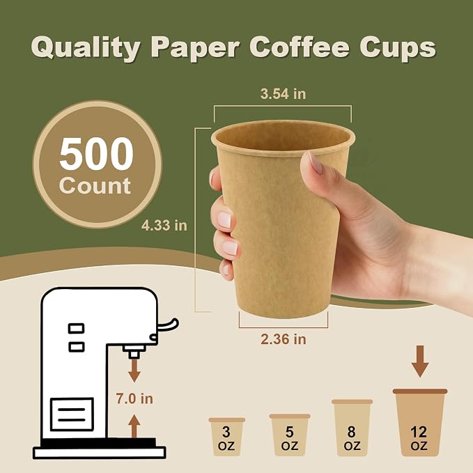 12 oz 500 Pack Disposable Coffee Cups, Bulk Brown Disposable Paper Cups - Image 3