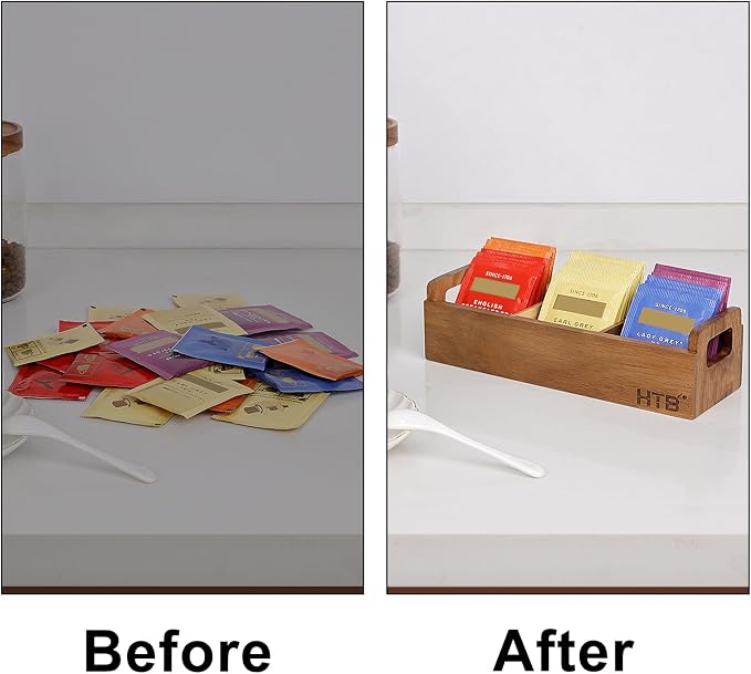 HTB Small Tea Bag Box Wooden, 3 Compartments Acacia Wood Tea Bag Chest - Image 4