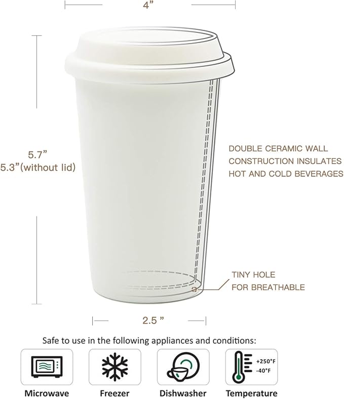 Reusable Double Wall Insulated White Ceramic Travel Coffee Cup - Image 3