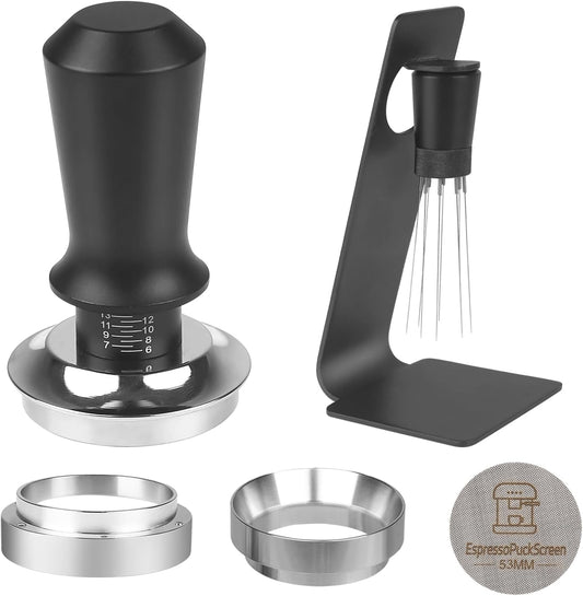 53mm Espresso Tamper Kit - Dual-Spring Calibrated Coffee Tamper, 8-Needle WDT Tool Espresso Distribution Tool, Magnetic Aluminum Dosing Funnel, Reusable Puck Screen, Fit for 53mm Portafilters