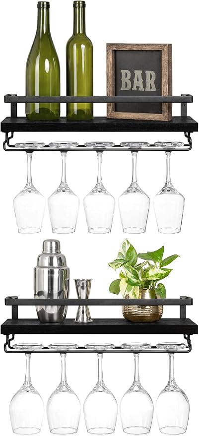 Mkono Wall Mounted Wine Rack Set of 2 Wood Shelf Rustic Wine Bottle Glass by Mkono