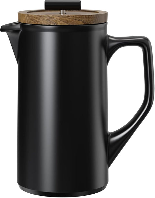 DHPO Ceramic French Press Coffee Maker, 22 Ounce Coffee Press Manual Brewer with Walnut Wood Lid, Premium Food Grade Stainless Steel Filter with Dual Screen for Coffee and Loose Tea, Gift Box, Black