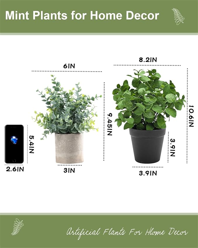 Coferset 3 Pack Small Fake Plants Eucalyptus Mint Potted Artificial Plants - Image 9