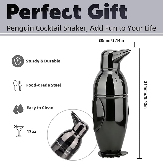 17oz Cocktail Shaker Black Penguin, Bartender Shakers - Image 2
