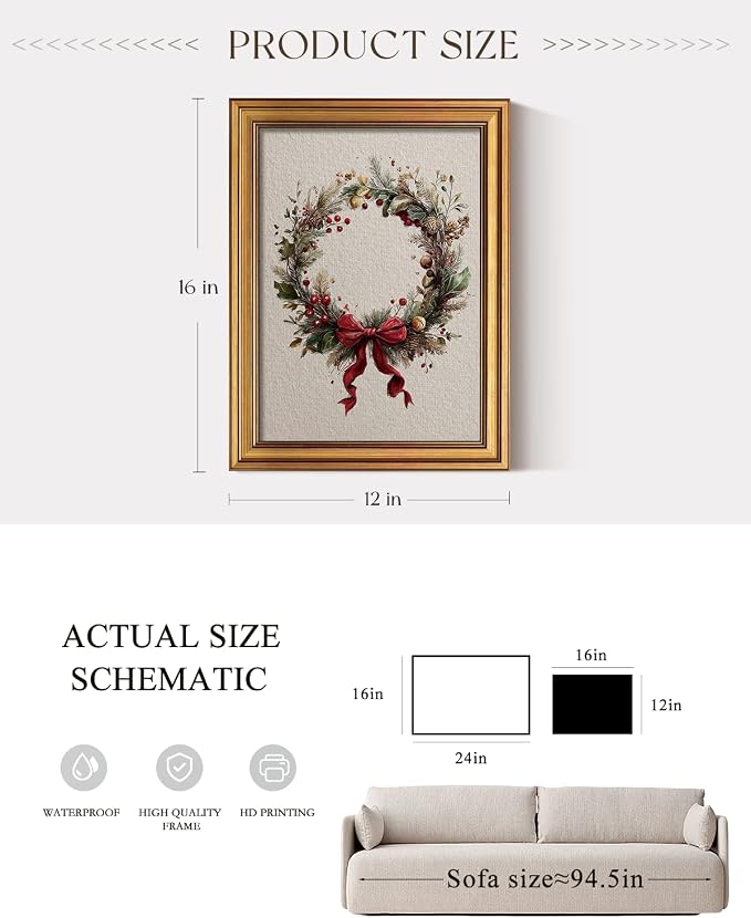ARPEOTCY Gold Framed Canvas Wall Art, 12x16 Inch Vintage Christmas Wreath Print - Image 5
