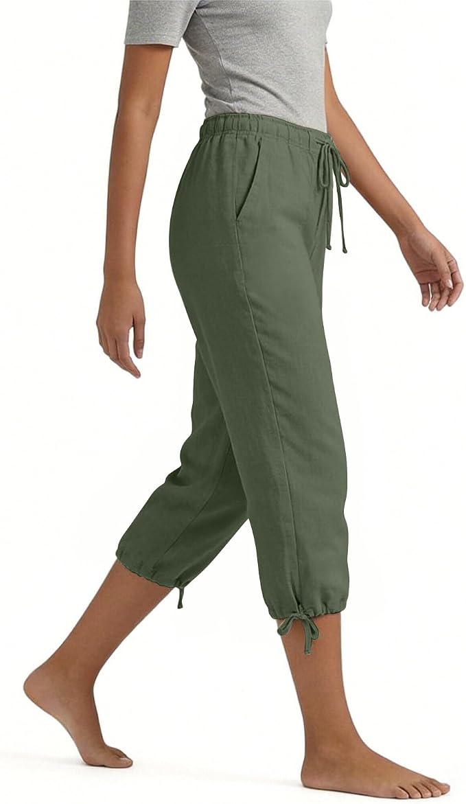 Linen Capri Pants for Women Drawstring Elastic Wide Leg Trouser 2026 Summer - Image 2