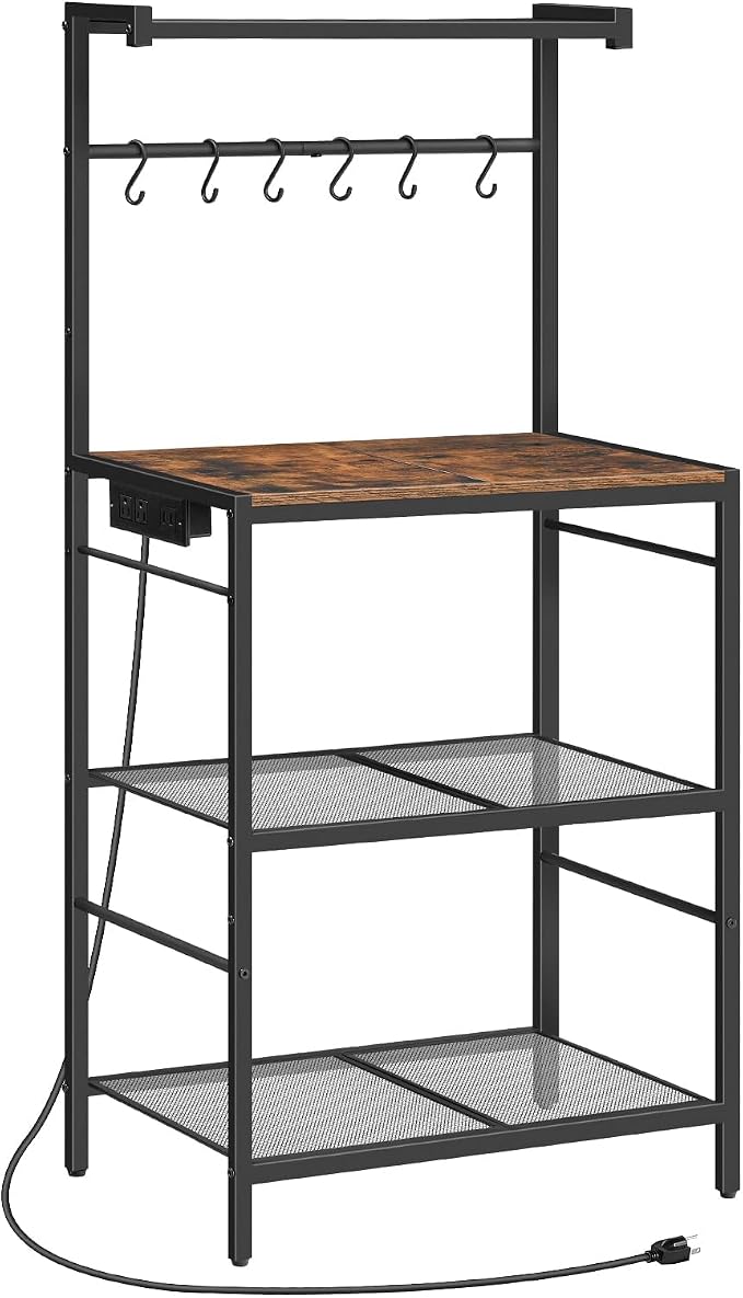MAHANCRIS Bakers Rack with Power Outlet, Kitchen Storage Shelf with 6 Hooks by MAHANCRIS