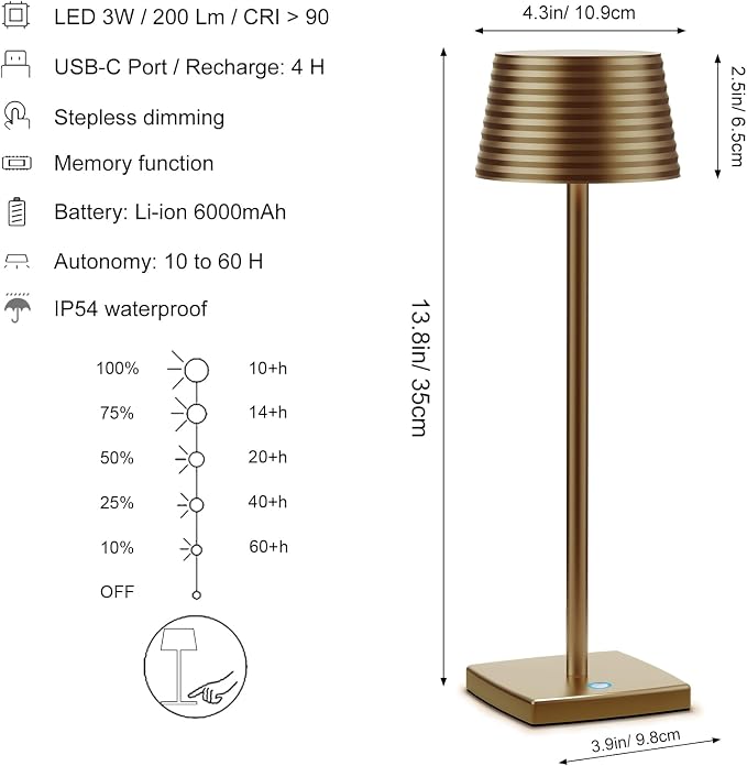 Cordless Rechargeable LED Table Lamps, 3 Color Touch Stepless Dimmable - Image 7