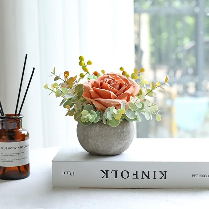 Small Artificial 2pcs Orange Rose Potted Plant, Mini Faux Floral Arrangement - Image 5